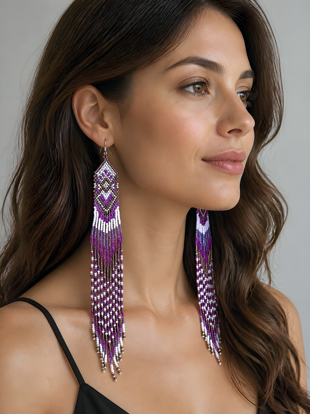 Long Purple Boho Fringe Beaded Earrings Handmade Southwestern Jewelry